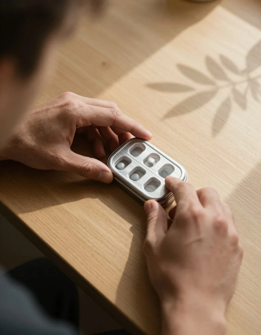 A hand closing a compartment lid on a steel vitamin organizer