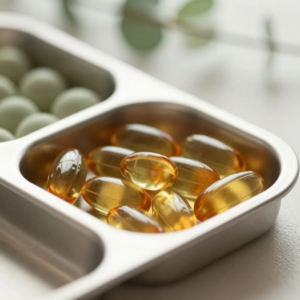 Softgel capsules in a steel vitamin organizer compartment