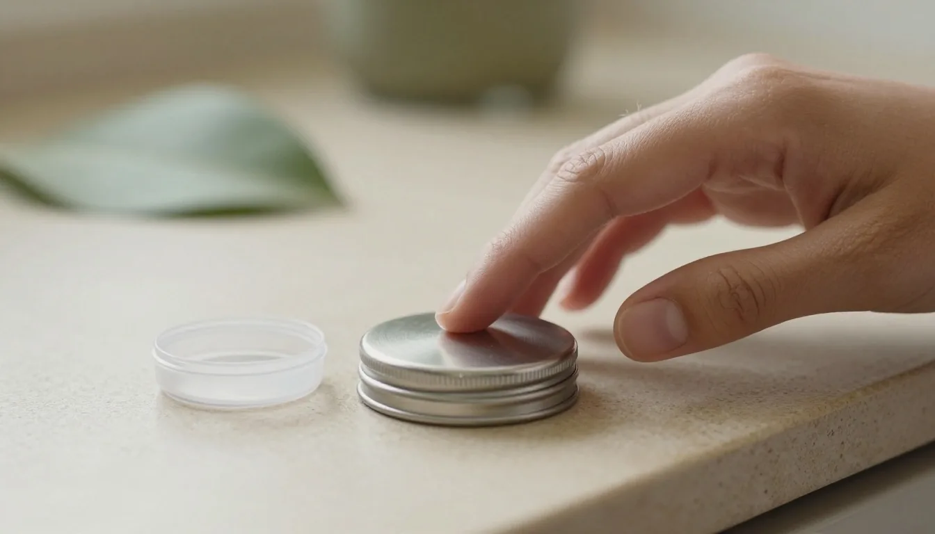 A hand closing the lid of a steel vitamin organizer in morning light