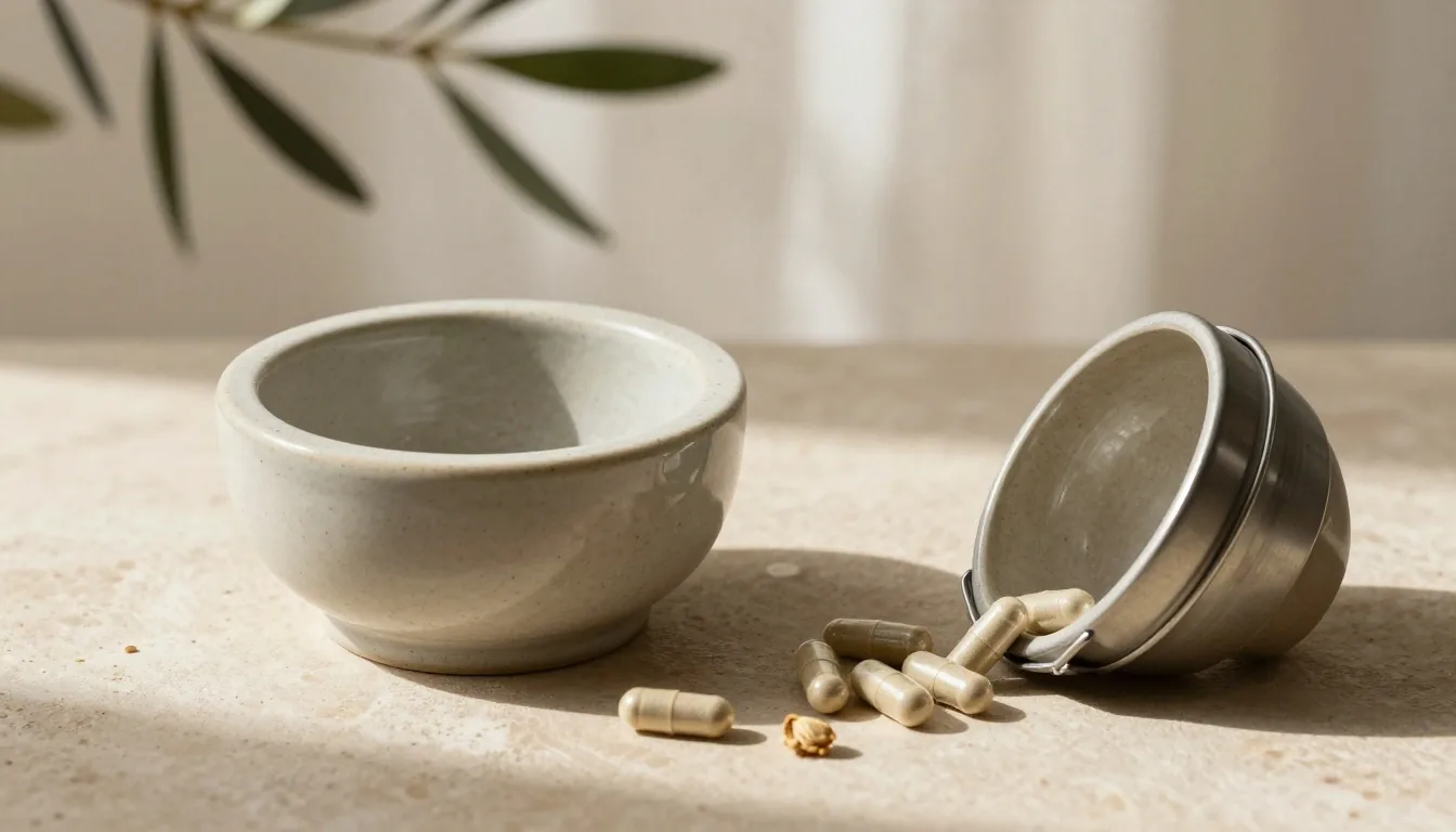 Open brushed-steel vitamin organizer catching morning light on a kitchen counter