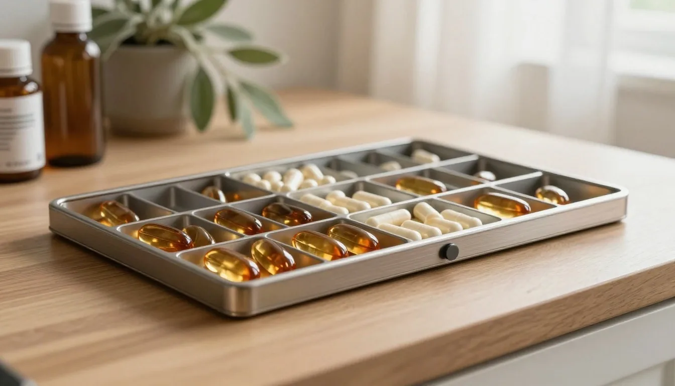 Steel vitamin organizer on a morning-lit kitchen counter