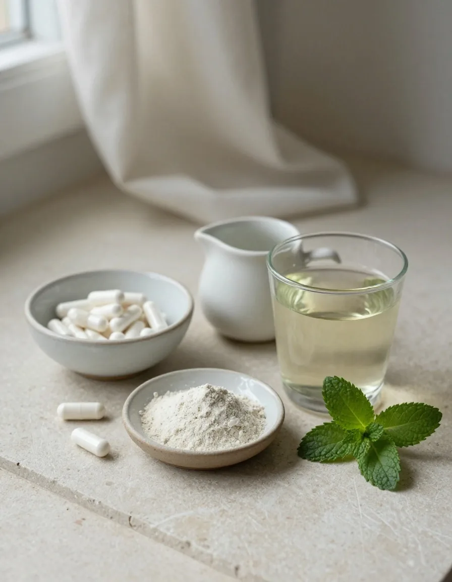 Capsule, powder, and drink supplement formats on a counter