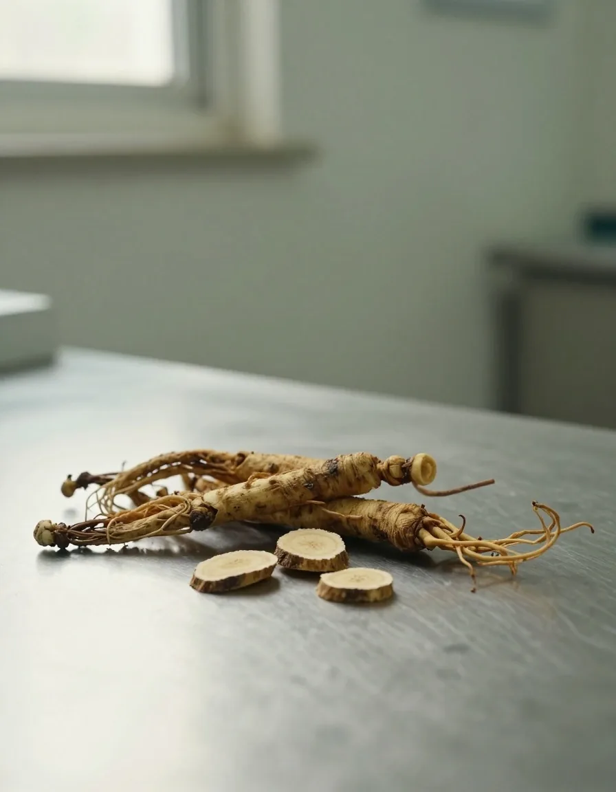Dried ginseng and maca root on a steel surface