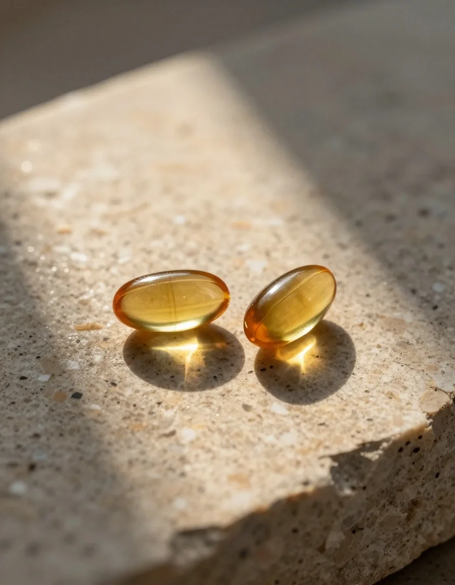Natural supplement capsules and softgels on a brushed steel surface in soft morning light