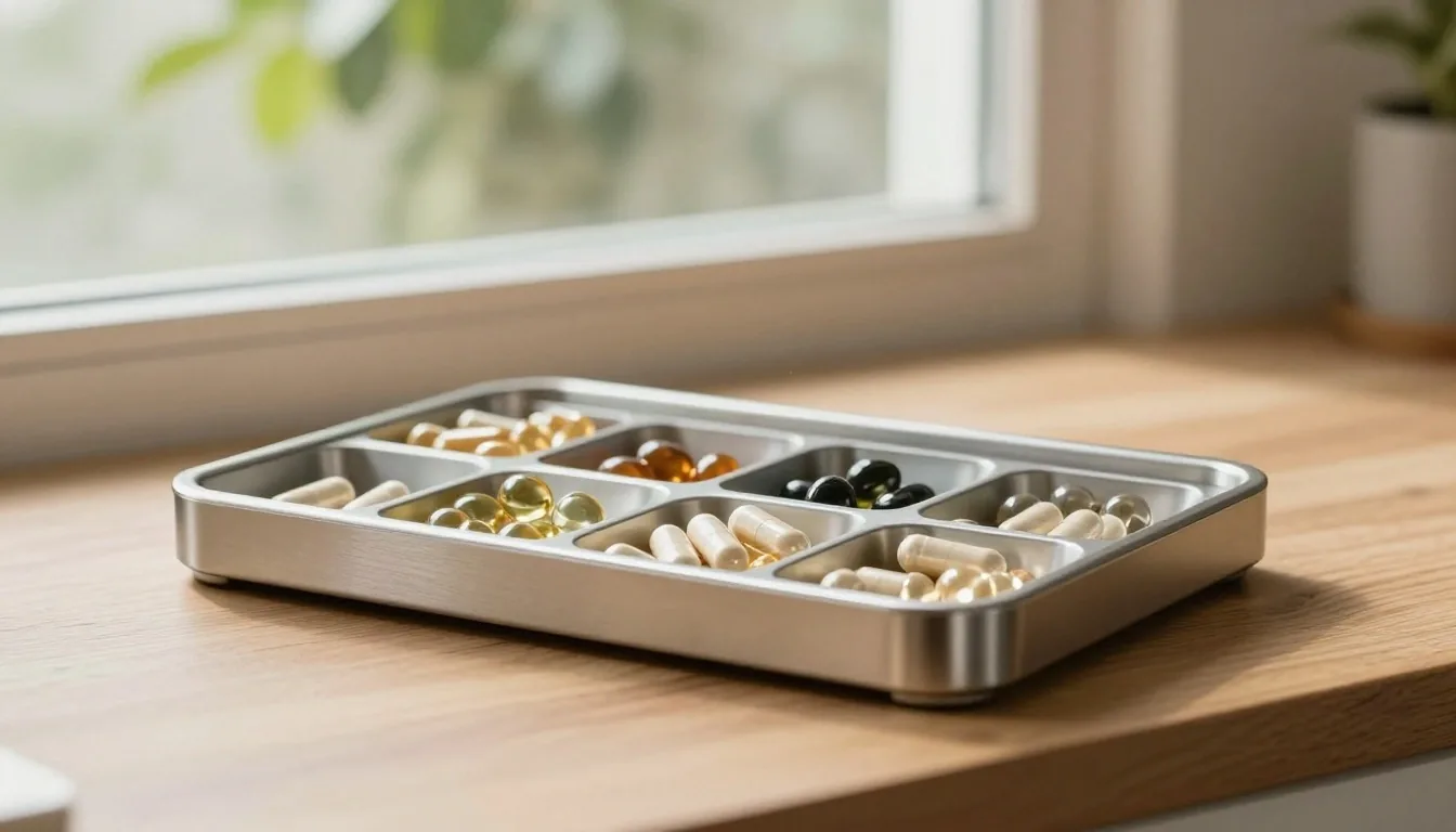 Open steel vitamin organizer with compartments on a kitchen counter in morning light