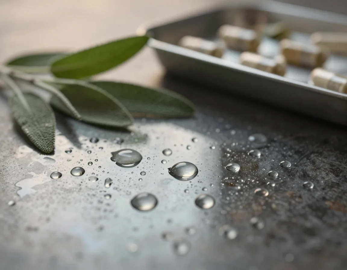 Botanical humidity condensing on glass near a steel tray