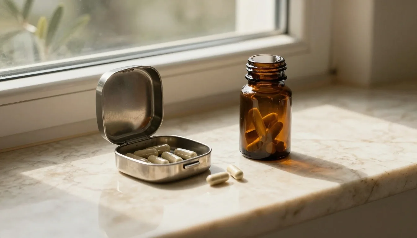 Open steel vitamin organizer catching soft morning light on a kitchen counter