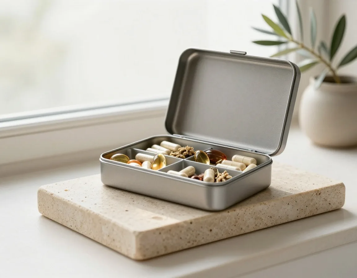 Steel supplement organizer with capsules in morning light