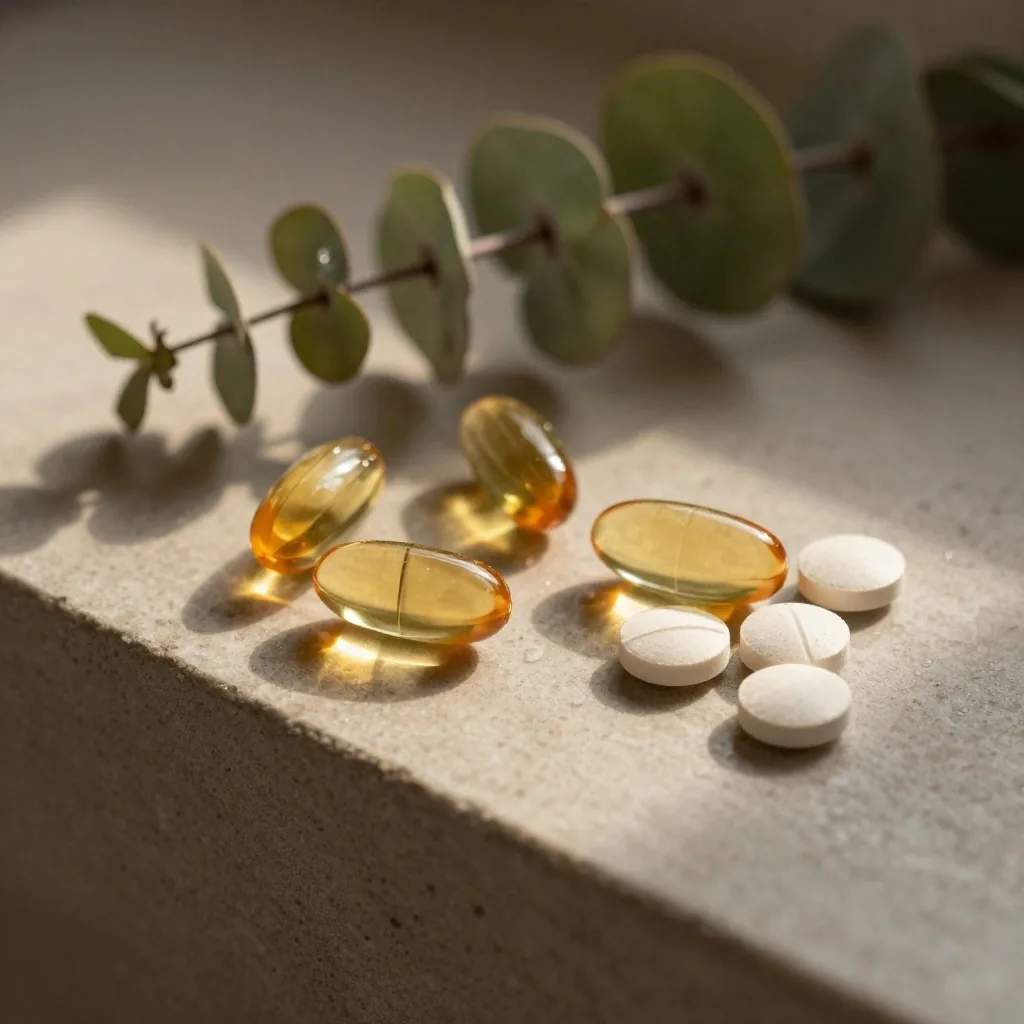 Softgel capsules and tablets on a brushed steel surface in soft morning light