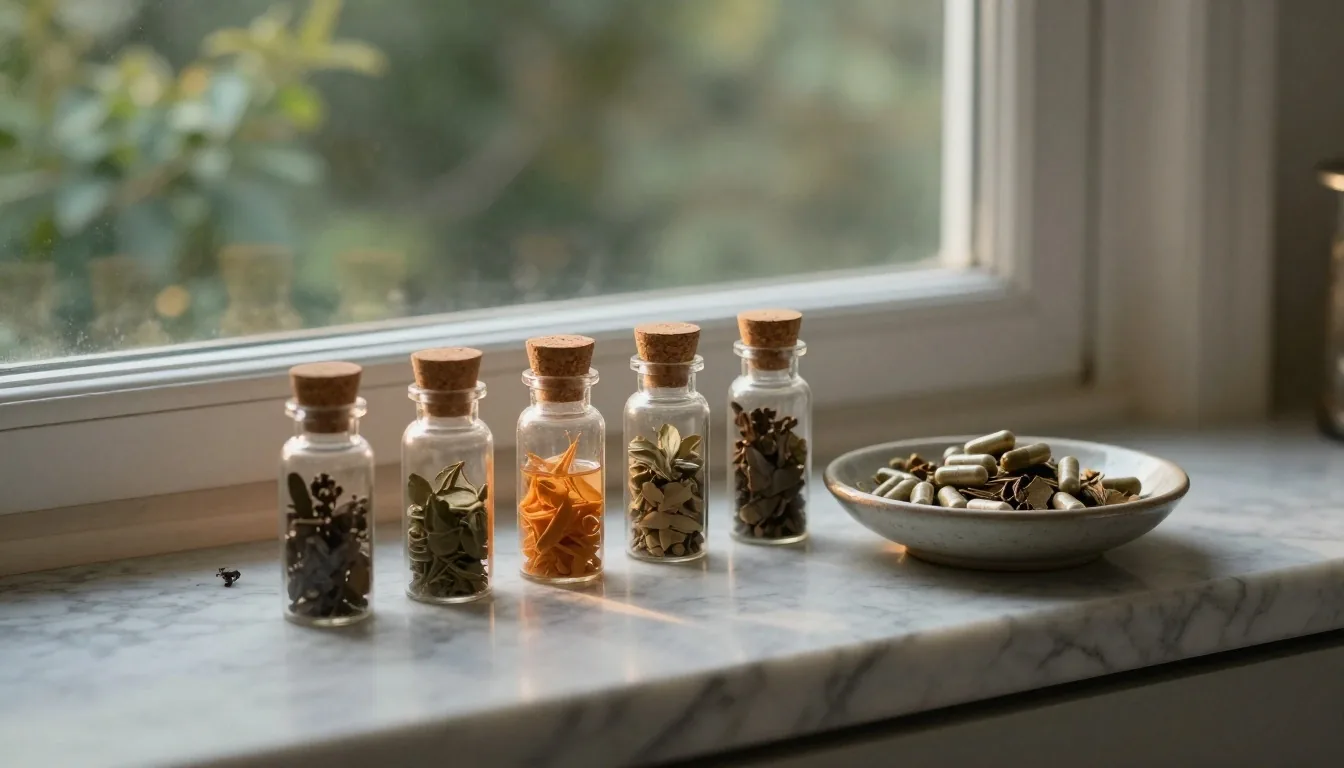 Open brushed-steel vitamin organizer in morning light on a kitchen counter