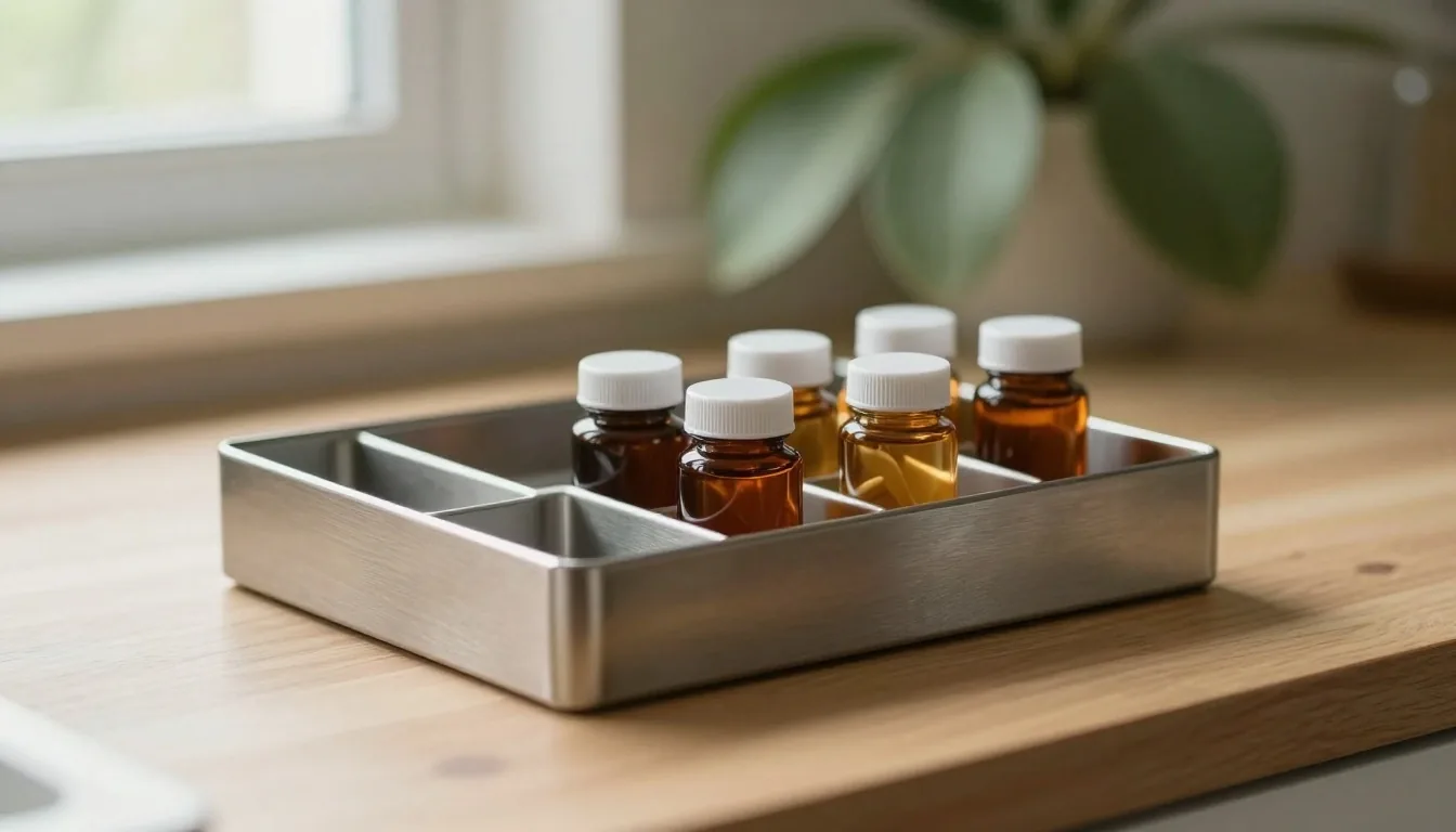 Open brushed-steel vitamin organizer on a kitchen counter in soft morning light